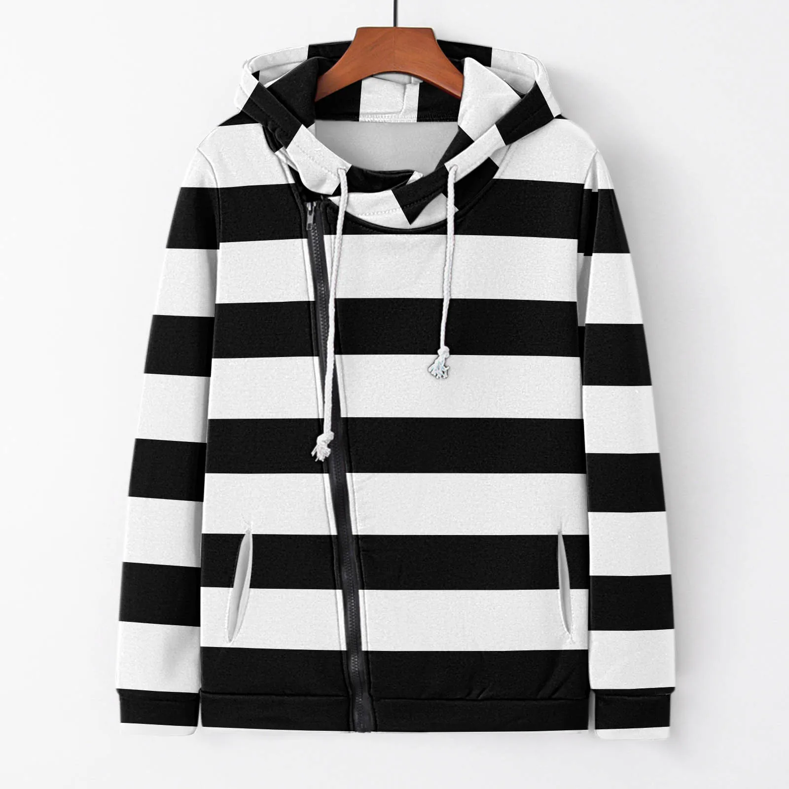 

Retro Striped Hoodies Women Female Irregular Top Fall Winter Sweatshirt With Pocket Drawstring