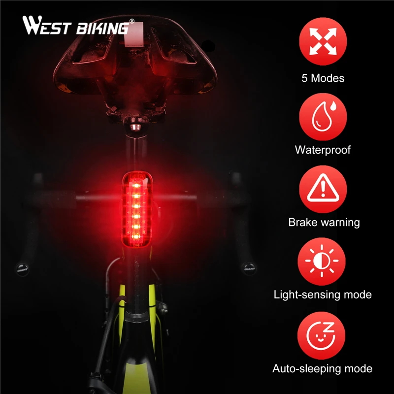 

WEST BIKING Intelligent Induction Bicycle Light Waterproof USB Rechargeable Brake Sensing Taillight LED Flashlight Rear Lamp