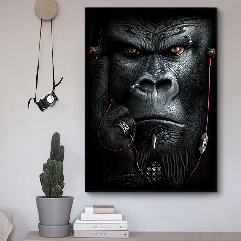 

Apes and Monkeys Listening To Music Wall Art Canvas Paintings Posters and Prints Abstract Nordic Animals Picture for Living Room