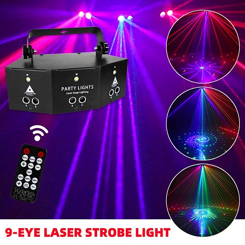 9-eye RGB Disco Lamp DMX Remote Control Stage Strobe Light Dj Led Laser Light Halloween Christmas Bar Party Projetor Home Decor