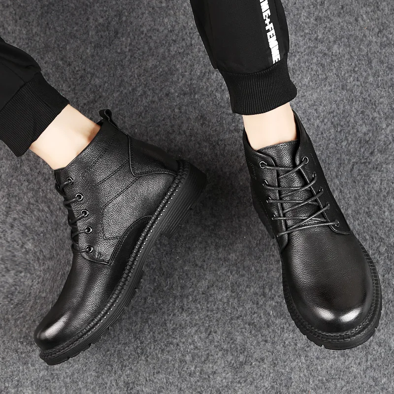 

Genuine Leather Boots Men Winter Warm Snow Boots Big Size Black Outdoor Plush Boot
