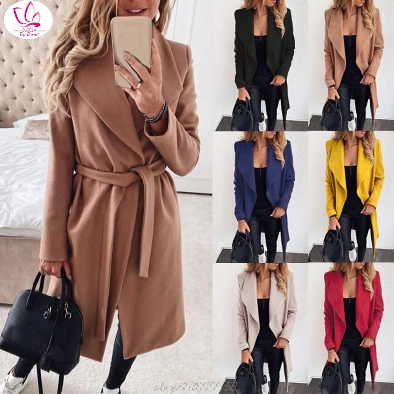 

Women Fall Winter Long Coat Lapel Collar Casual Jacket Long Sleeve Belt Open Front Overcoat Outerwear M06 21 Dropshipping