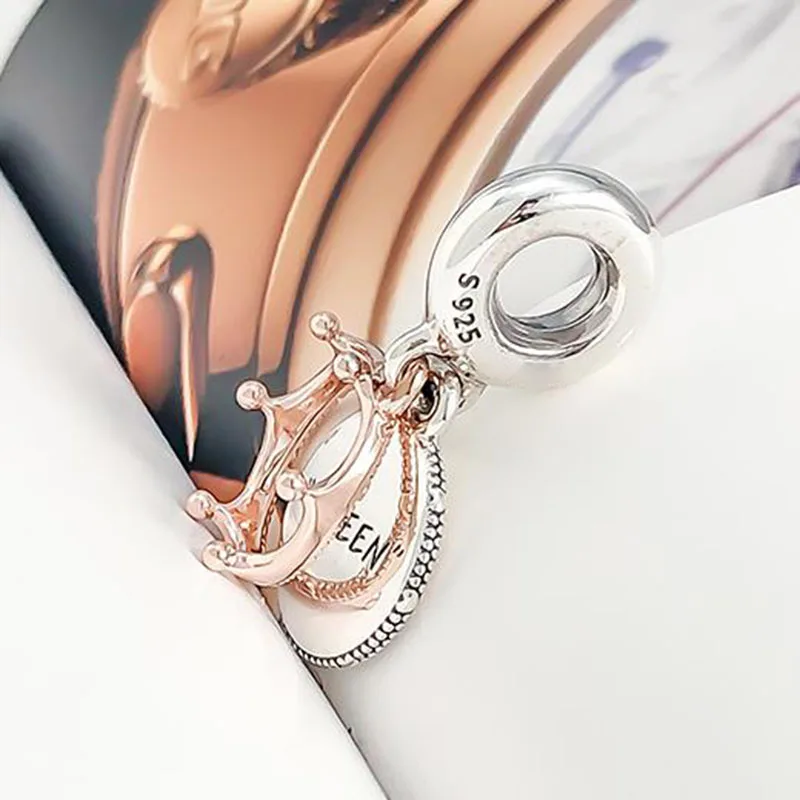 

100% 925 Sterling Silver Charm Rose Gold Queen And Crown Pendant Fit Pandora Women Bracelet & Necklace Diy Jewelry