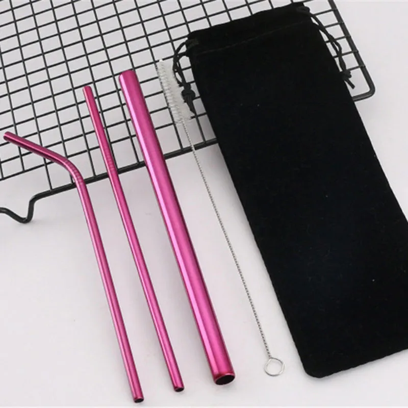 Pink 5 шт многоразовые соломинки из нержавеющей стали, экологически чистая металлическая соломинка, изогнутая прямая соломинка для напитков, чистящая щетка, аксессуары для бара - Цвет: Pink