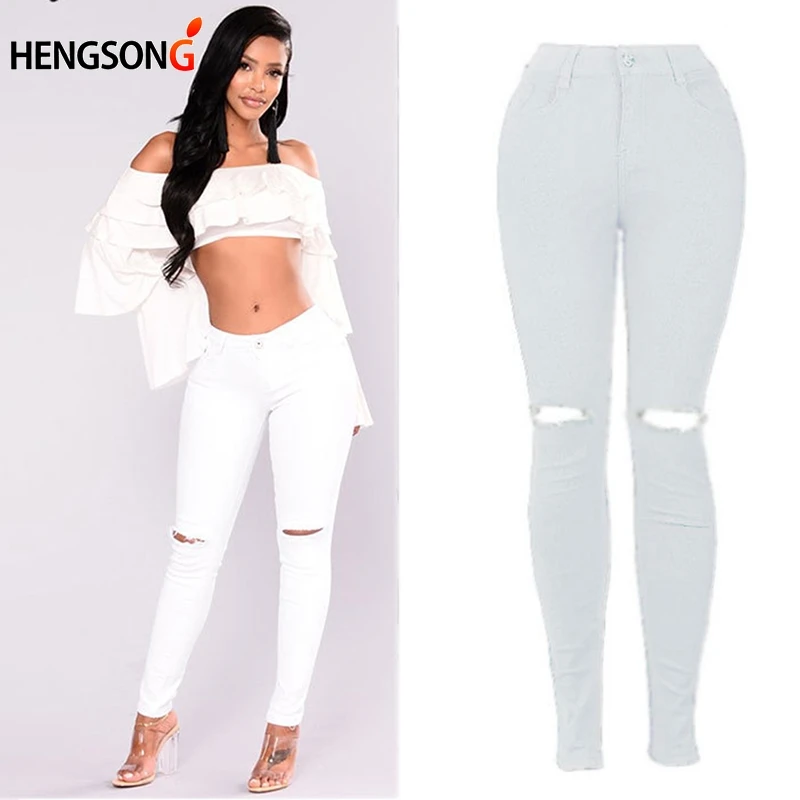 Новинка белые рваные джинсы женские крутые с высокой талией эластичные