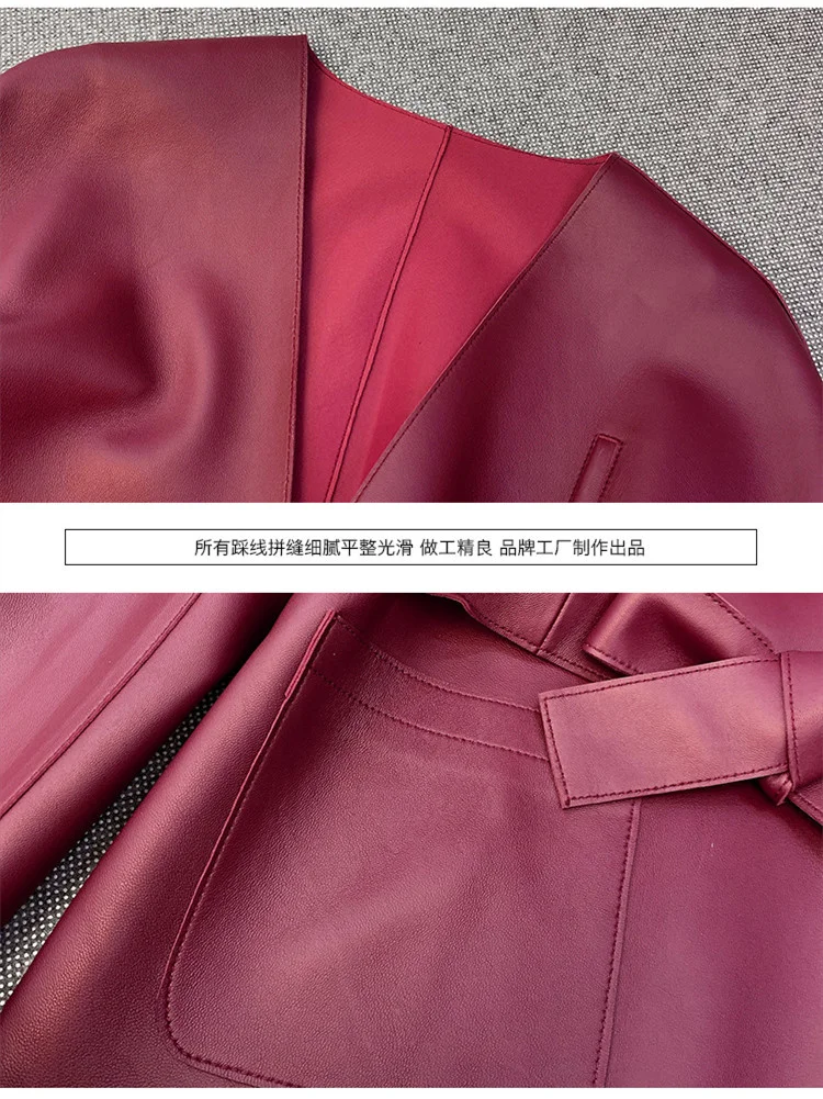 Женское кожаное пальто с поясом и V-образным вырезом | Женская одежда