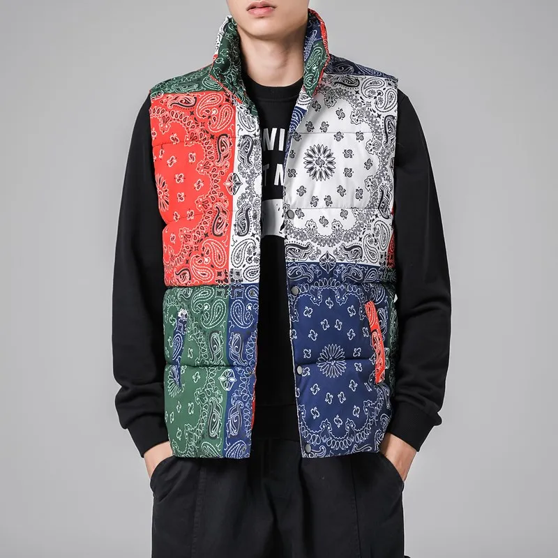 

Retro full printed vest men wear down cotton vest in spring, the Korean version is handsome