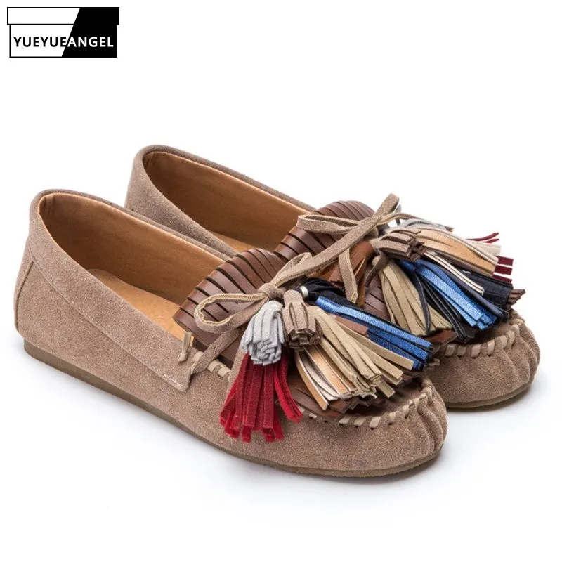 Vintage Women Tassels Slip On Loafers Faux Suede Moccasin Gommino Bowknot Flats Shoes Casual Ladies Streetwear Shallow Shoes