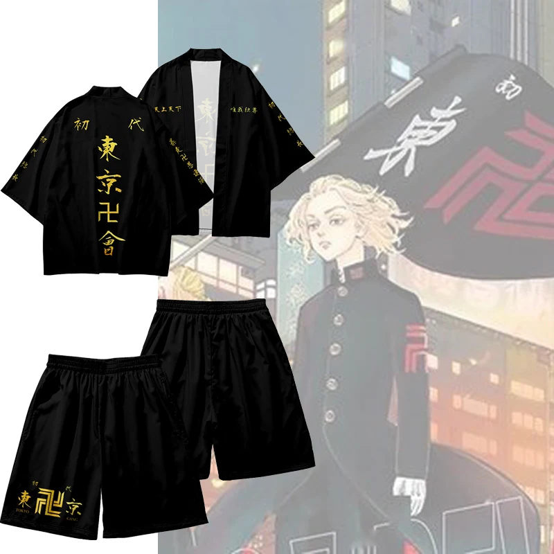 

Tokyo Revengers Cosplay Costume Anime Black White Cloak Kimono Tops Hanagaki Takemichi Ken Ryuguji Short Sleeve Streetwear Pants