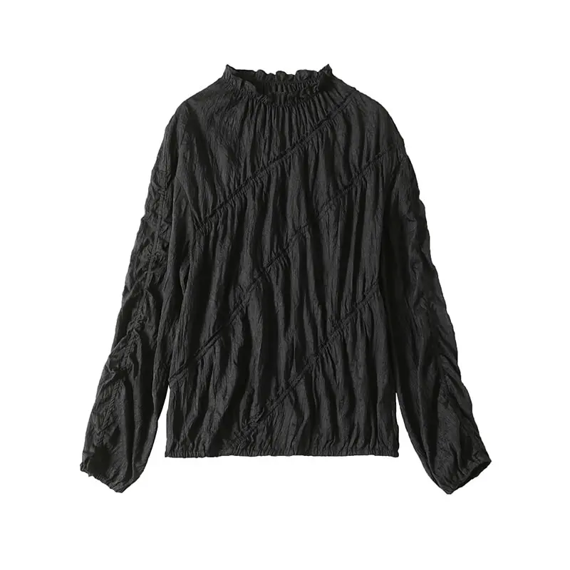 

XITAO Wrinkles Patchwork Casual Women Blouse Ruffles Tide Fashion New Style Stand Collar Long Sleeve Slim Elegant Loose ZY5599