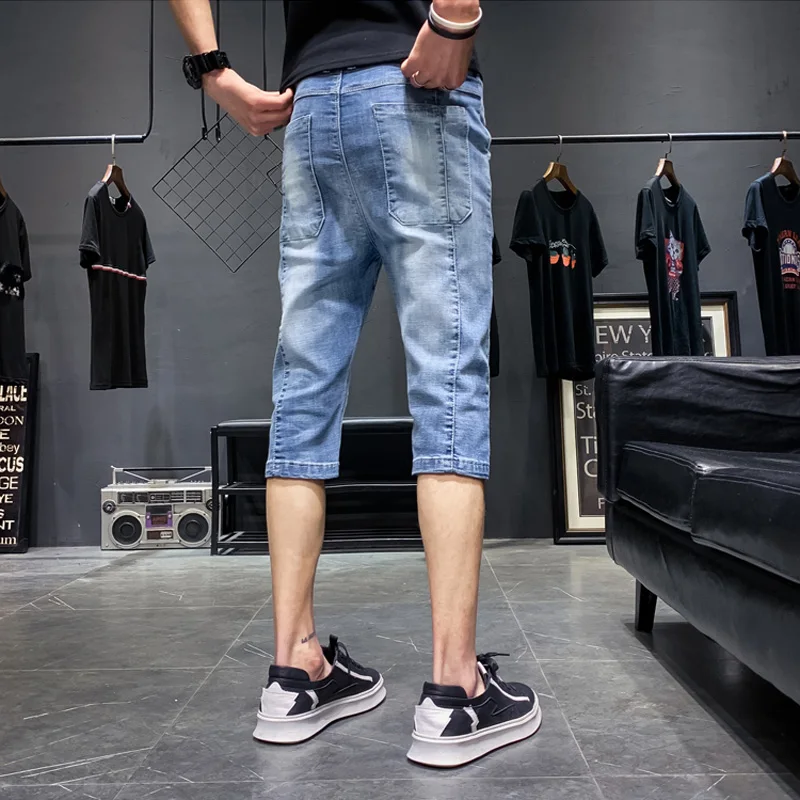 Летние повседневные укороченные брюки мужские облегающие джинсовые прямые