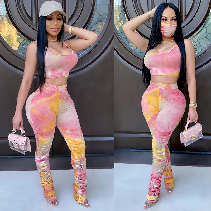 

New Style Fashion Casual Two Piece Set Sleeveless O-neck Irregular Print Crop Top Elastic Pants Female Leisure Suits