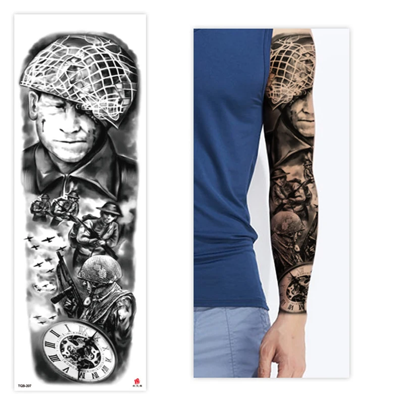 

Large Arm Sleeve Tattoo Clock Warrior Gun Waterproof Temporary Tatto Sticker Rose Skeleton Totem Body Art Full Fake Tatoo Men