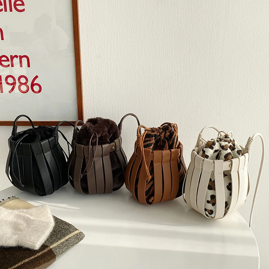 

2021 New Women Mini Top Handle Handbags Organ Round Female Bucket Bag Designer Pleated Women's Leopard Shoulder Bag Handbag