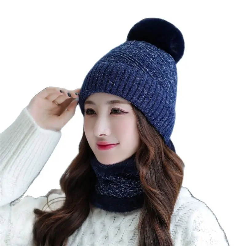 

Gold wire Plush Hat Women Winter Warm Beanie Ski Hair Pom Poms Knit Stretch Hairball Scarf Set