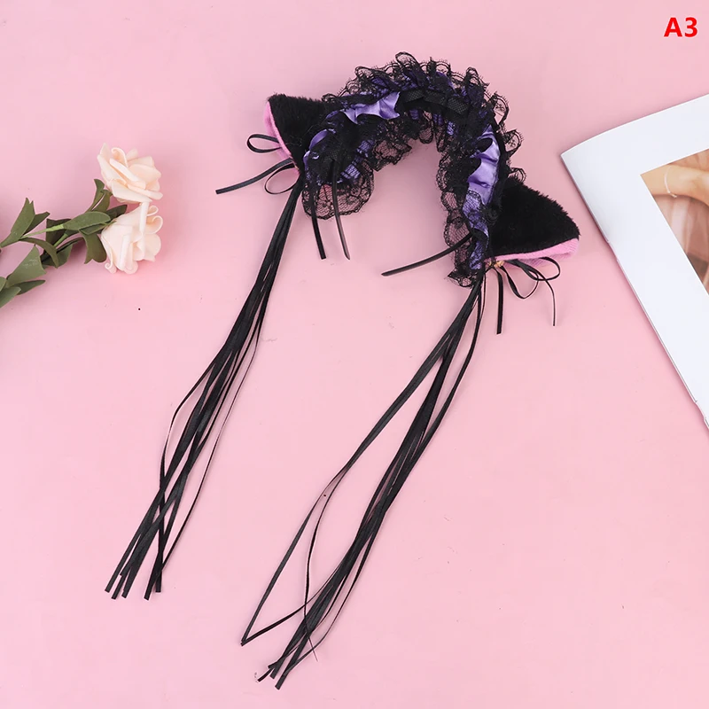 

Women Girls Ruffles Lace Faux Silk Headband Cute Plush Cat Ears Ribbon Tassels Bell Decor Hair Hoop Lolita Anime Cosplay