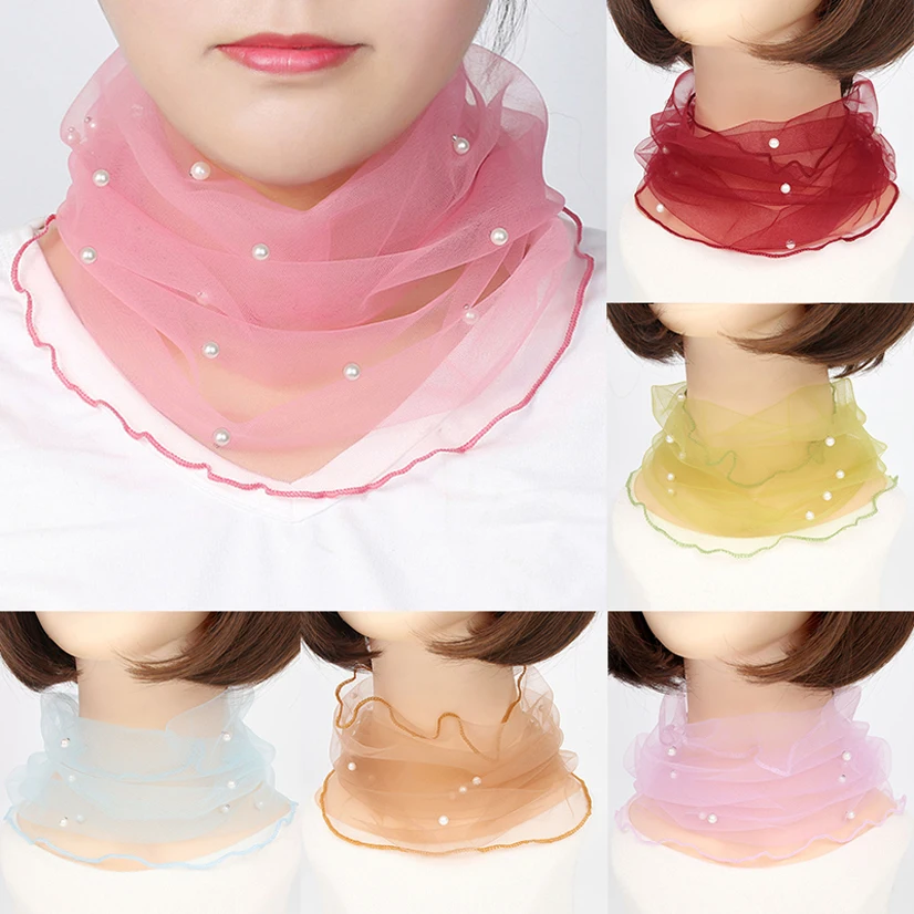 

Lace Beaded Scarf Elegant Women Mesh Fake Pearl Fake Collar Spring Summer Scarves Sun Protection Female Accessories