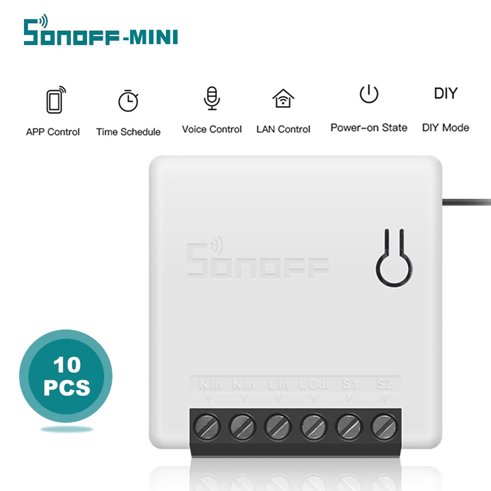 10 шт. SONOFF Профессиональный умный мини двухходовой Интеллектуальный переключатель мини и компактный светодиодный светильник переключатель AC100-240V 10А
