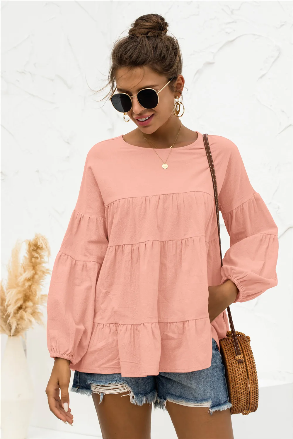 

Women T-Shirts Summer 2022 Lantern Full Sleeve Casual Loose Style Streetwear Round Neck Patchwork Solid Color Tops Tees C3367