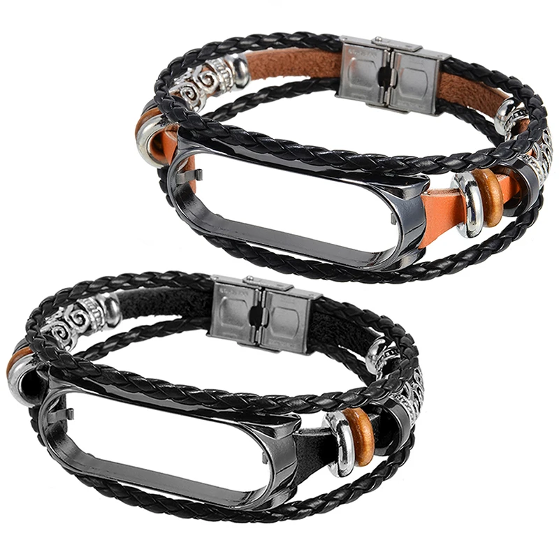 Умный браслет кожаный тканый ремешок Плетеный для часов Xiaomi Mi 3/4 на запястье