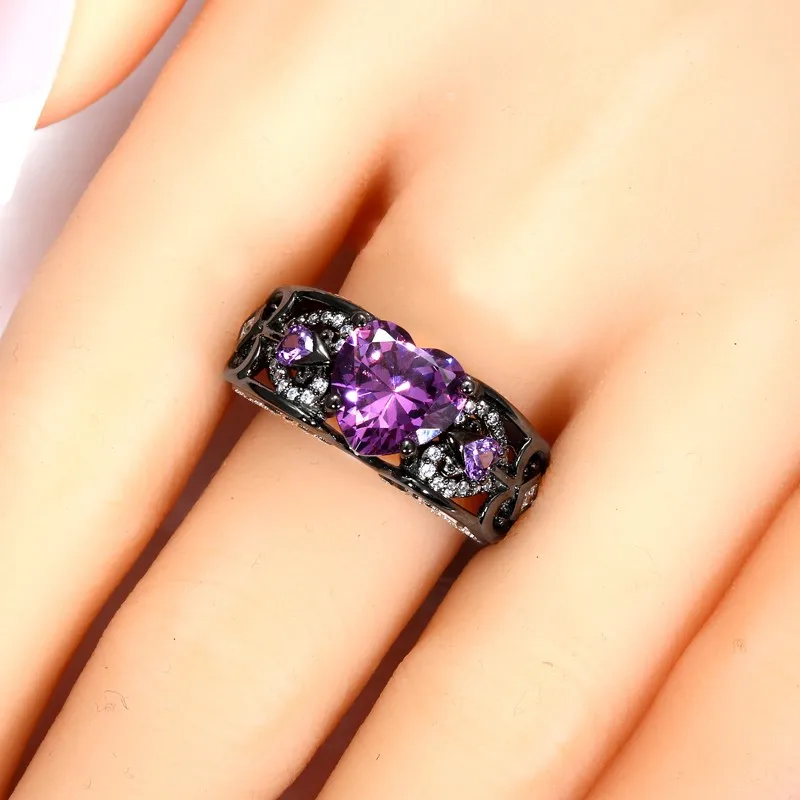 Женское Обручальное кольцо в форме сердца фиолетовое черное золотое серебро 925