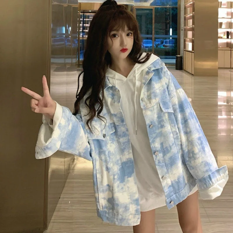 

Korean College Style Tooling Denim Coat Ladies Basic Jacket Tie-dye Single Button Lapel Sweet and Loose Fashion Women Clothes