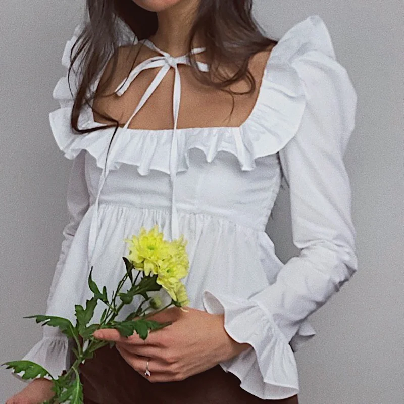 

CHRONSTYLE Square Neck Lace-up Long Flare Sleeve Shirts Blouses Crop Top Women 2021 Ruffles Slim Party Fall Solid Shirts Street