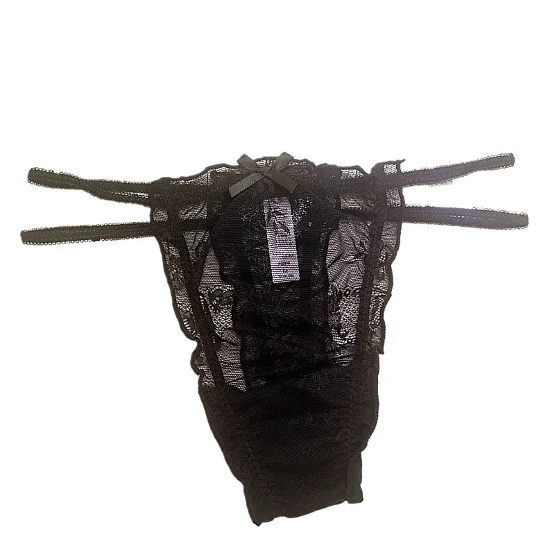 

Women Low Waisted Underpants T Pants Mesh Embroidery Hot Thin Transparent Sexy Ribbon Hollow Suspender T-shaped Pants Two Belts