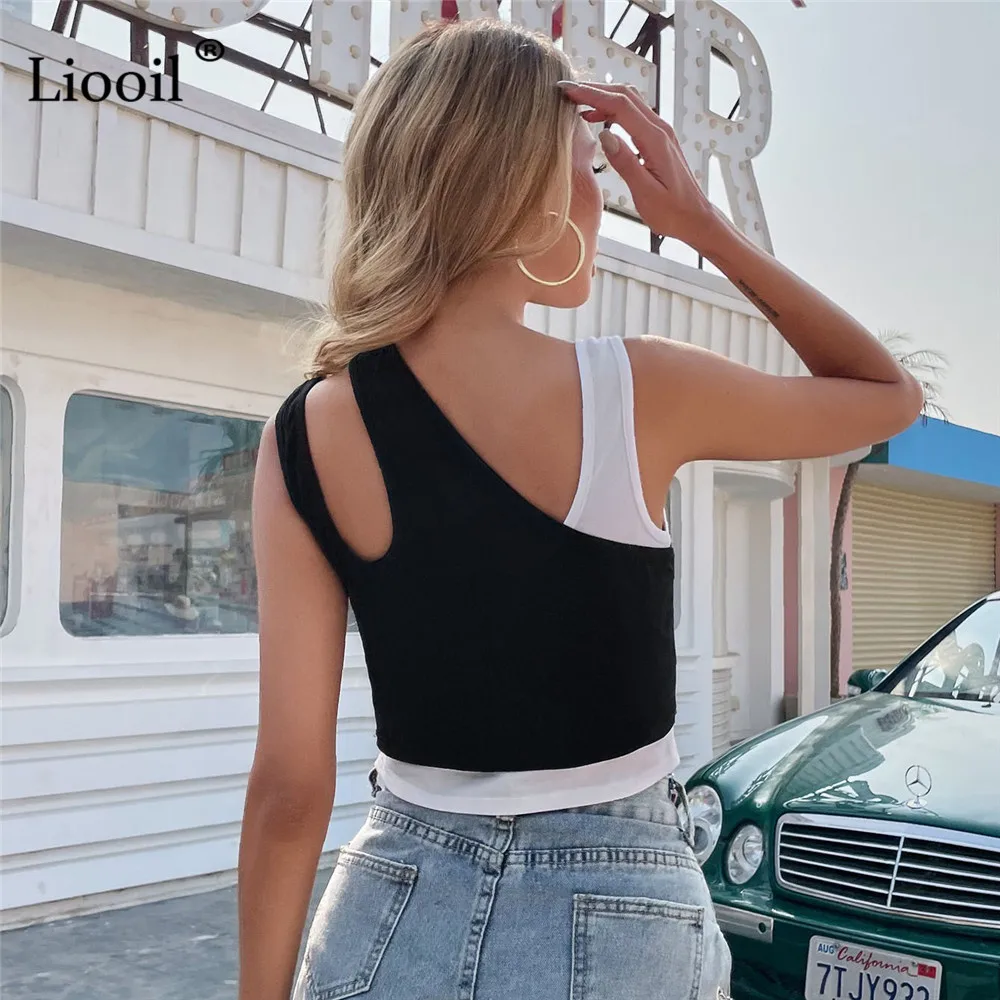 

Liooil Bodycon Tank Top For Women Summer 2021 Sleeveless Hollow Out Asymmetrical Fake Two Pieces Sexy Black Crop Tops Streetwear