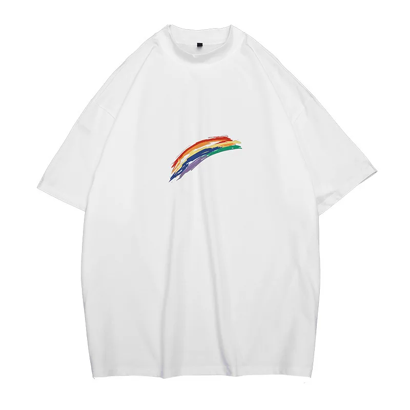 

Summer Fashion Rainbow Print Mens Short Sleeve Loose Trend Top T-shirt Simple Color All-match Daily Large Size -40