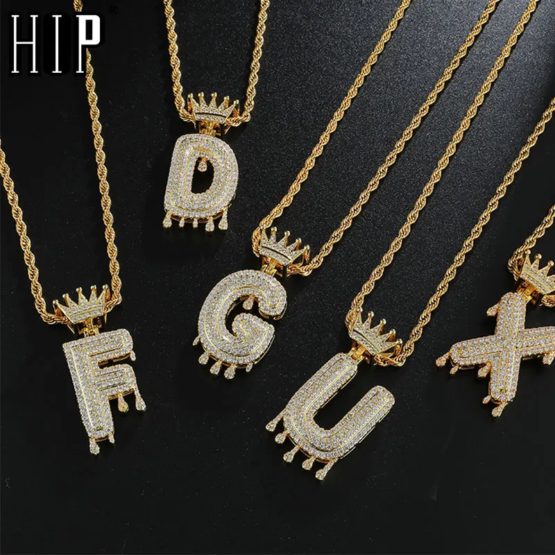 

Hip Hop Iced Out Bling Cubic A-Z Drip Crown Zircon Letters Necklaces & Pendant Chain For Men Jewelry