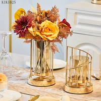 creative golden glass flower vase candle holder handicraft decoration luxury metal vase gift flower arrangement home decoration