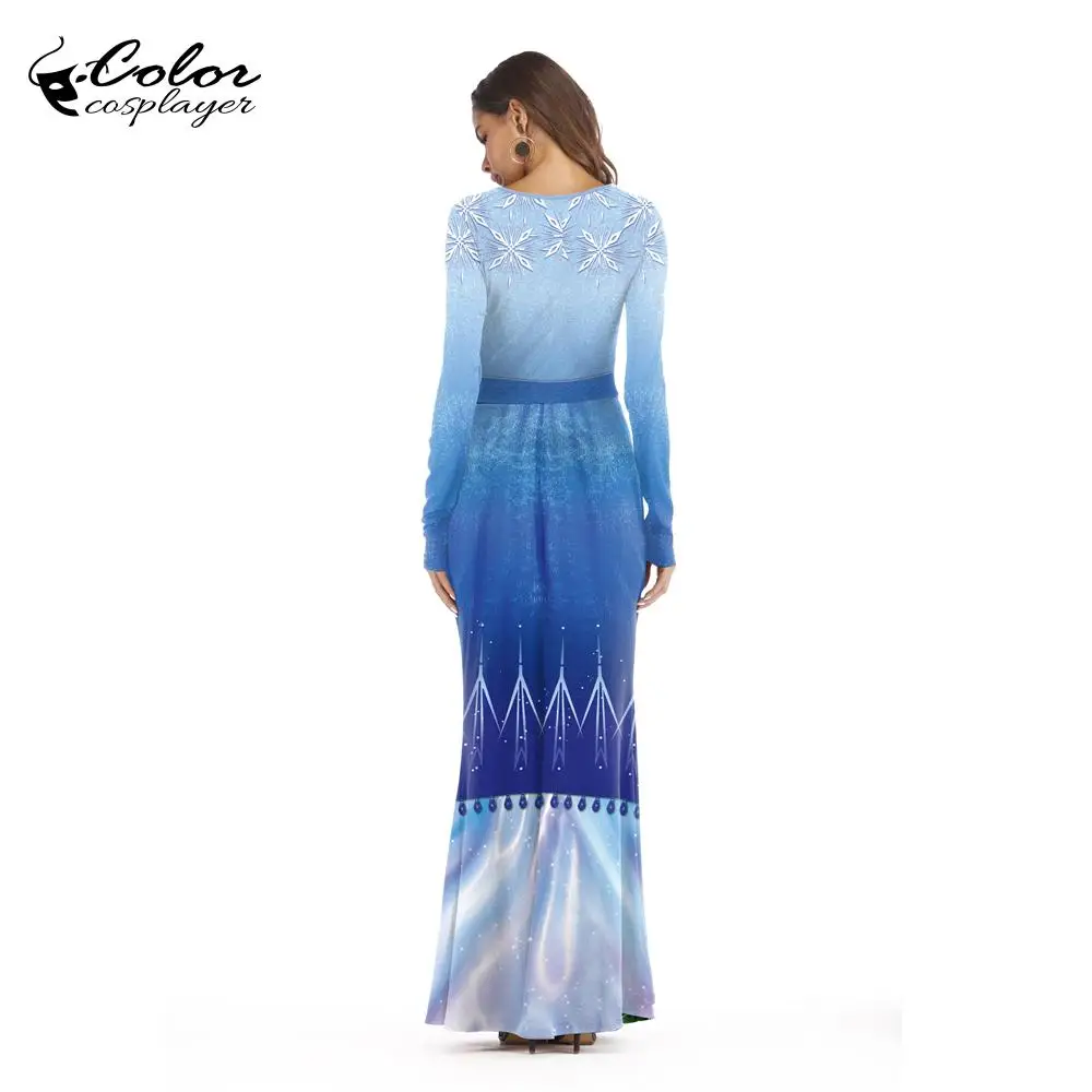 Женский длинный костюм принцессы Эльзы цветной карнавальный с длинным рукавом