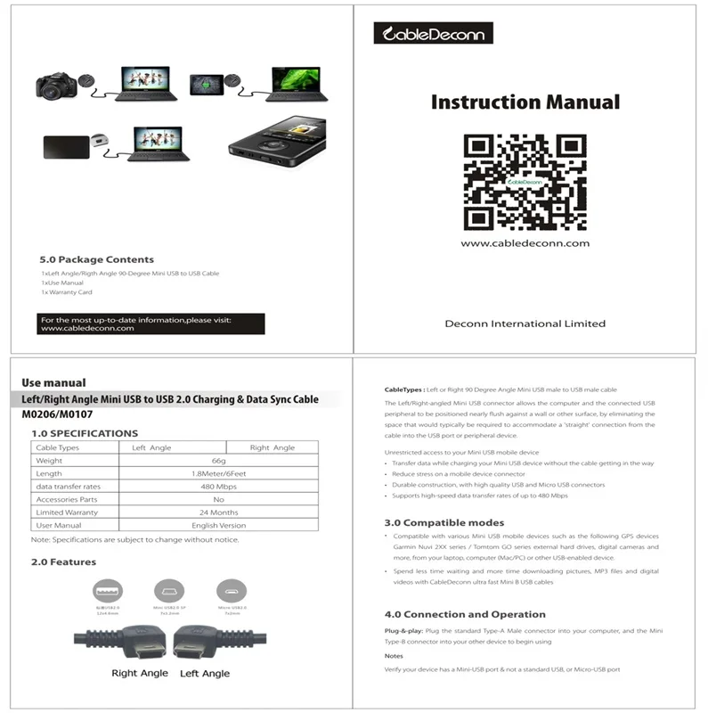 Кабель для передачи данных Mini USB Тип B 5-контактный штекер левый правый угол 90