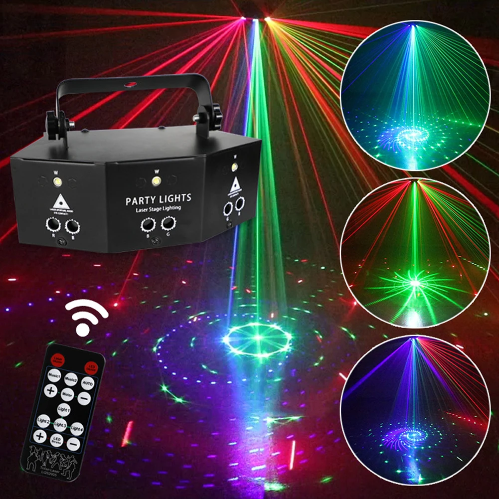 

Светодиодный RGB дискотечный лазерный стробосветильник DMX512, 9 глаз, дистанционное управление, R/G, лазерная туманная машина, сцсветильник, Сва...