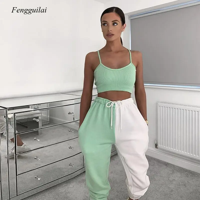 

double colors pants Fashion Contrast Color Patchwork Casual Pants Women Streetwear High Waist Atheleisure Capris Joggers Trouser