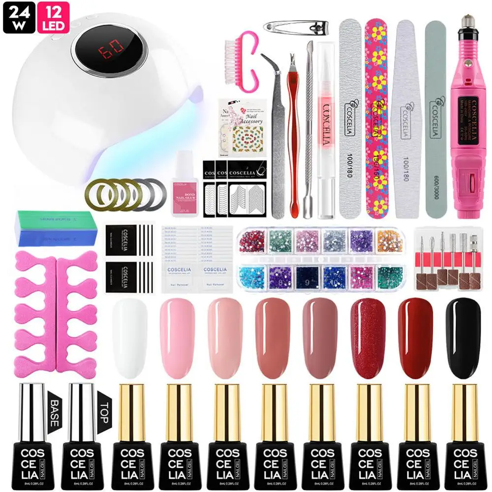 24W FULL SET COSCELIA 54 Вт лампа набор гель-лаков для ногтей инструменты для маникюра Набор для нейл-арта Полупостоянный УФ лак Инструменты для маникюра Набор для ногтей - Цвет: 24W FULL SET