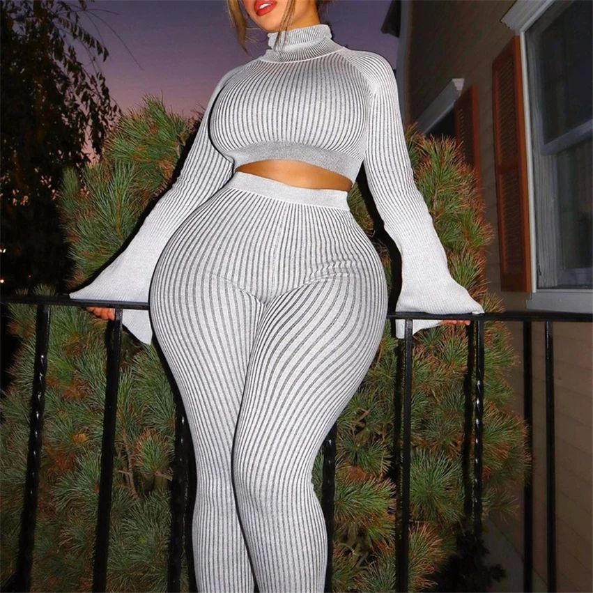 

Knitting Female Sweater Pantsuit for Women Crop Tops Two Piece Set Pullover V-Neck Long Sleeve High Stretch Jogger Tracksuit
