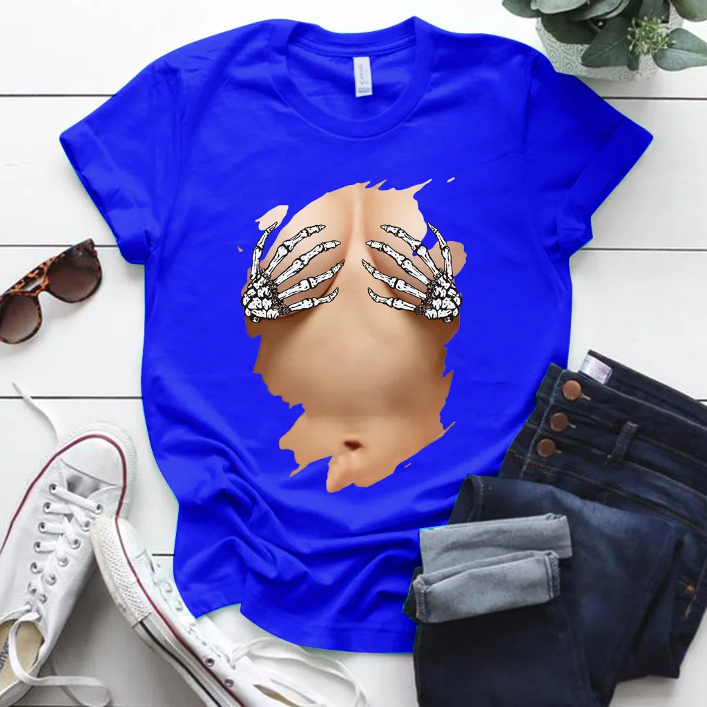 

Funny Skull Hand Breast Print T Shirt Women Short Sleeve O Neck Loose Tshirt Summer Women Causal Tee Shirt Tops Camisetas Mujer