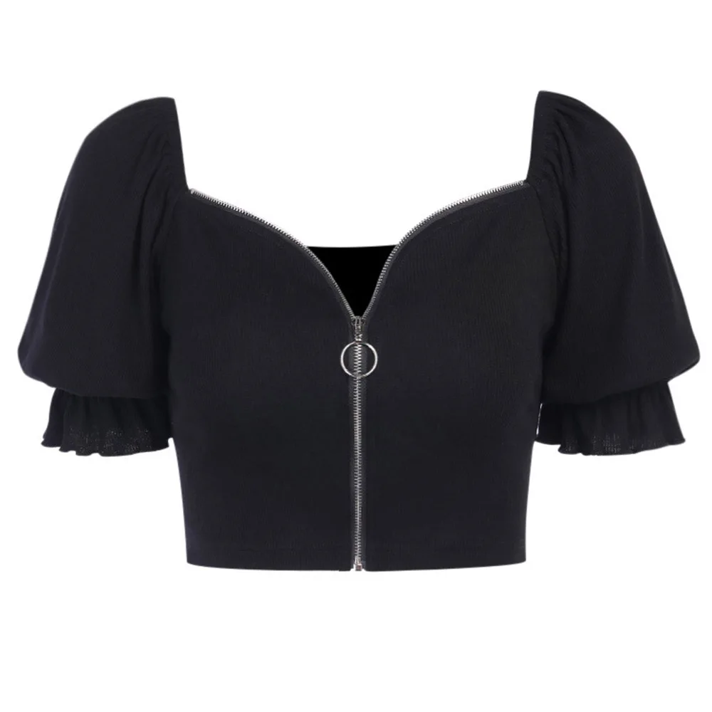 

High Street T-Shirt Spring Summer The New Fashion Hipster Designer Simple Thin Best Sellers Sexy Zipper Puff Sleeve V-neck