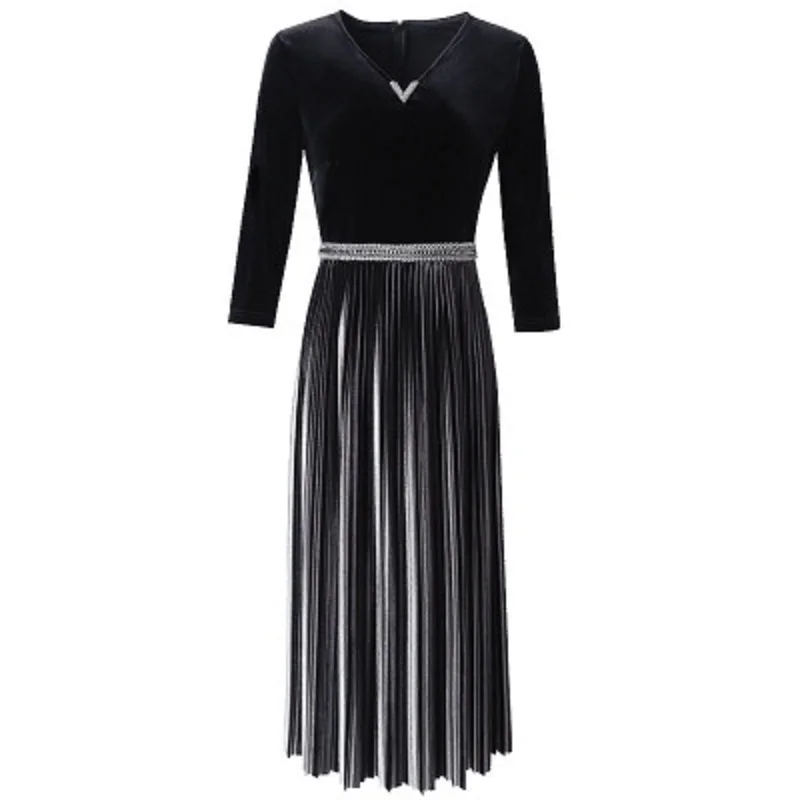 

dress beading Velvet pleated Spring new Retro office work V Neck Women Christmas Party Dress Patchwork long dresses winter