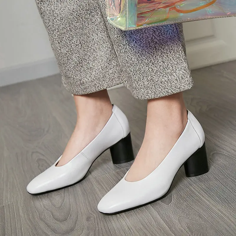 

Genuine Leather Woman Shoes Black White Non-slip High Heels Shoes Round Heel High Heeled Shoes Cow Leather Platform Pumps
