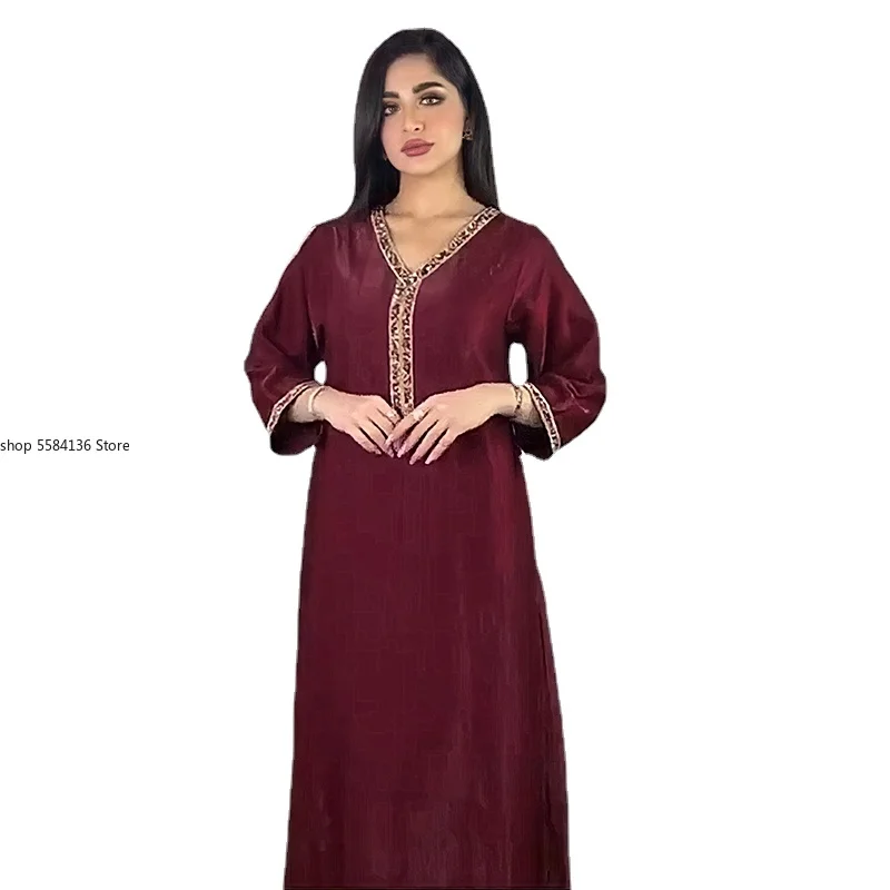 Satin Dubai Abaya Jalabiya Shiny Rhinestones V Neck Long Sleeve Islam Muslim Women Robe Party Dress Arab Turkey Moroccan Kaftan |
