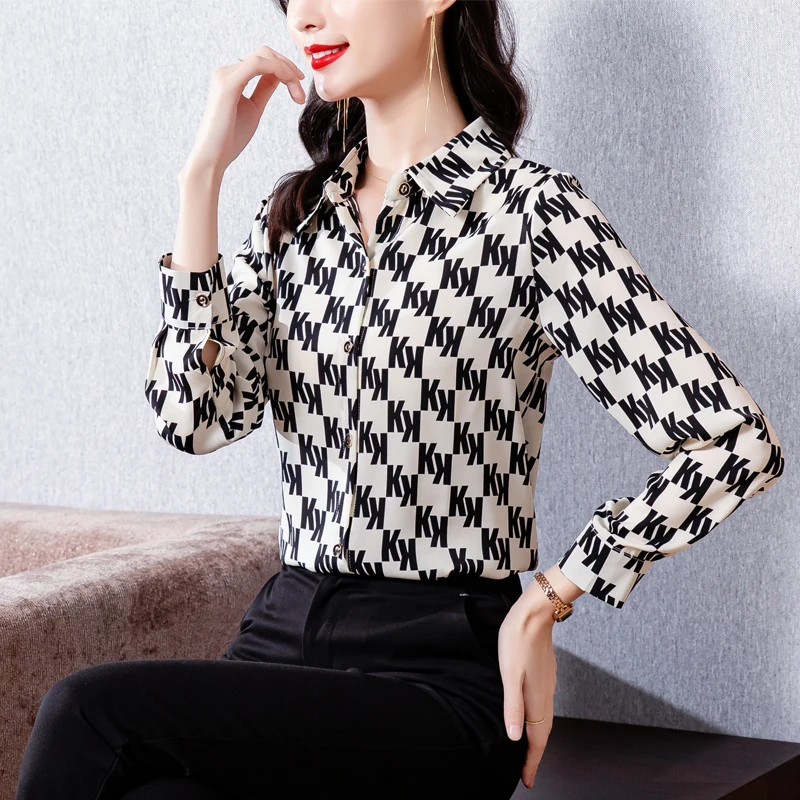 

Autumn new style 2021 women's lapel long-sleeved printed silk all-match shirt womens tops korean fashion button up shirt