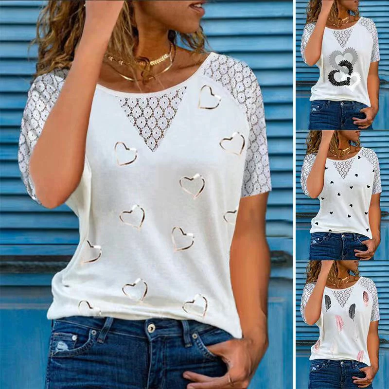 

New Fashion Summer Women's Casual Round Neck Tshirt Lace Hollow Stitching Short Sleeve Shirt Heart Print Top Lady Streewear