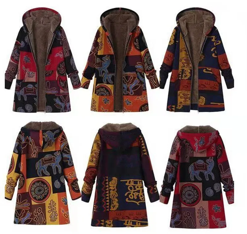 2021 Autumn Velvet Cotton Jacket Zipper Plus Women's Retro Totem National Style Fashion Printed Hooded Warm Winter Jacket Coat