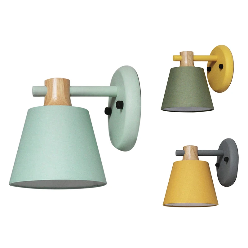 

Modern Wall Lamp Macaron Color Fabric Shade Oak Wood Iron Arm Wall Sconce Bedside Kitchen Hotel Restaurant