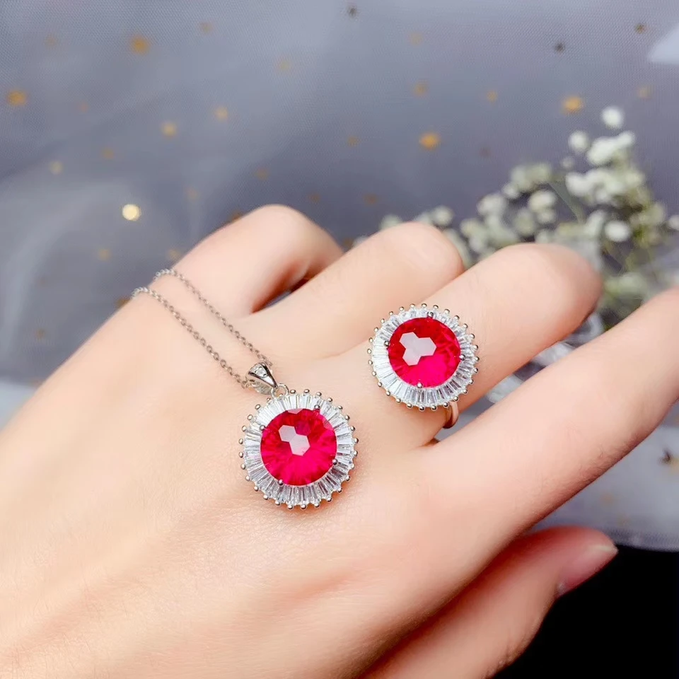 Очаровательное кольцо и ожерелье с красным Рубином для женщин серебряные
