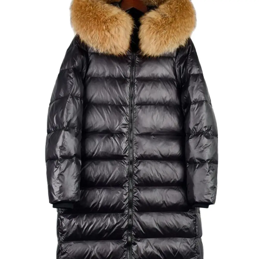 

M.Y.FANTASY 2021 Fur Hooded Long Puffer Jacket Women Shiny Patent Leather Parkas Winter 90% Duck Down Coat Waterproof
