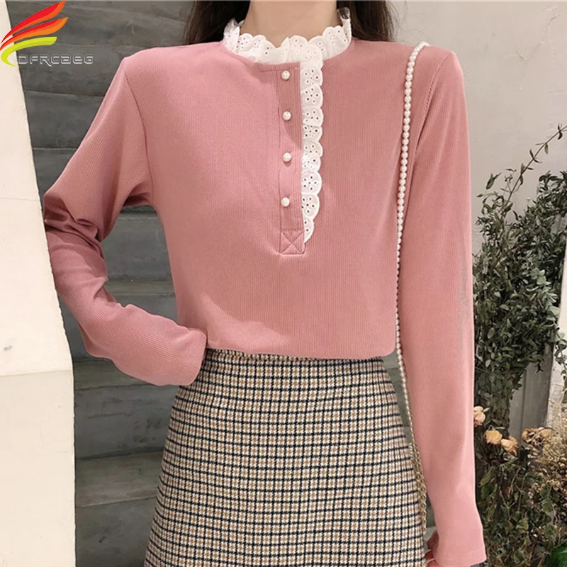 

Женская трикотажная блузка с длинным рукавом, Элегантная блузка розового, черного или белого цвета с кружевным воротником, весна 2021